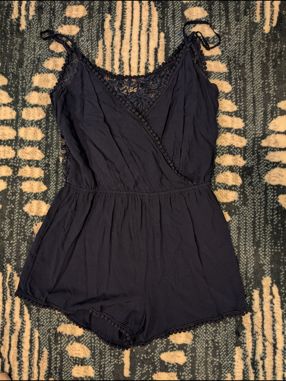 Ambiance Navy Lace-Trim Romper